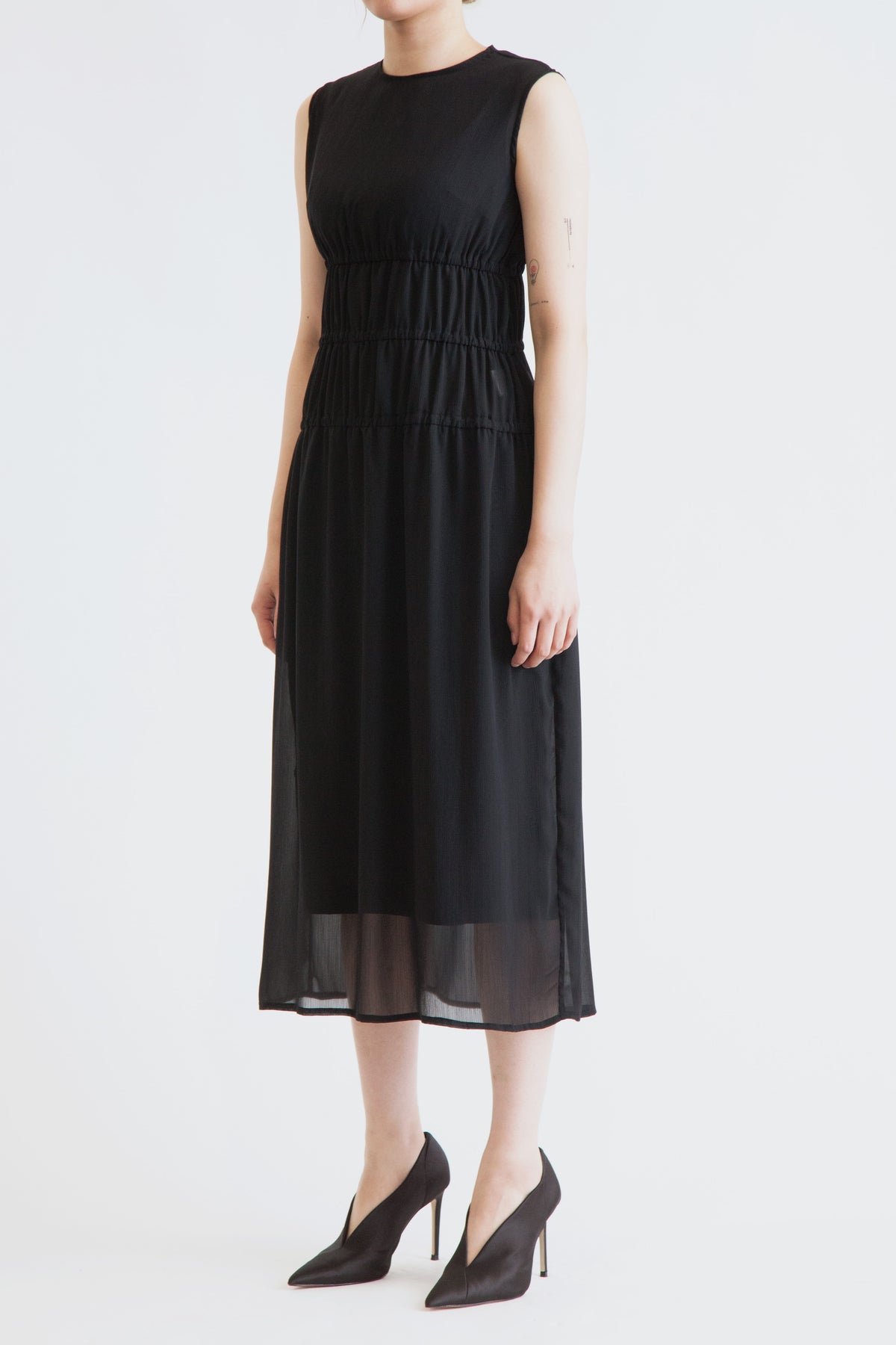 Triple Shirring Mesh Dress
